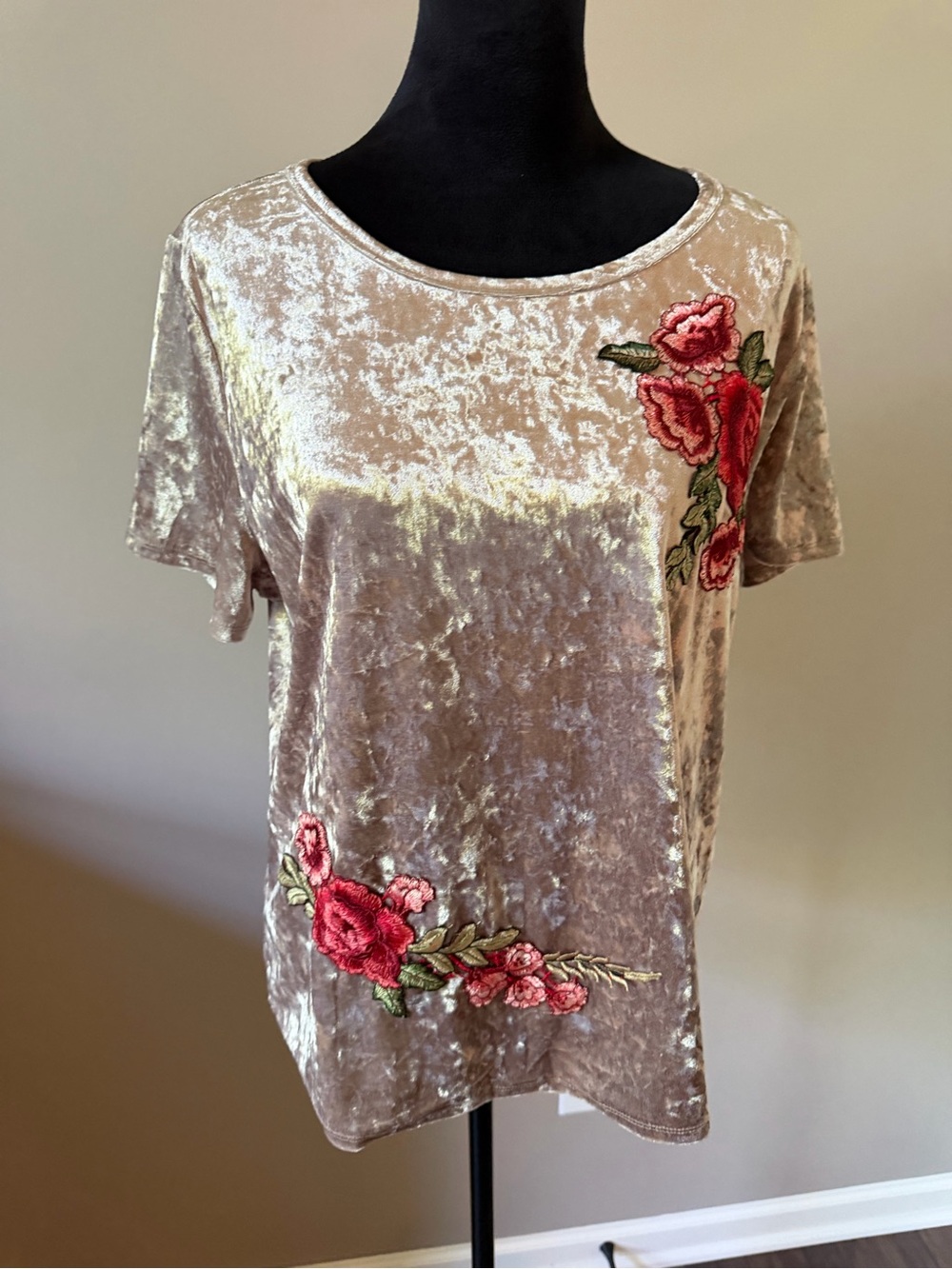 🌼C Beige Velvet Short Sleeve Tee with Pink Rose Appliqués XLarge
